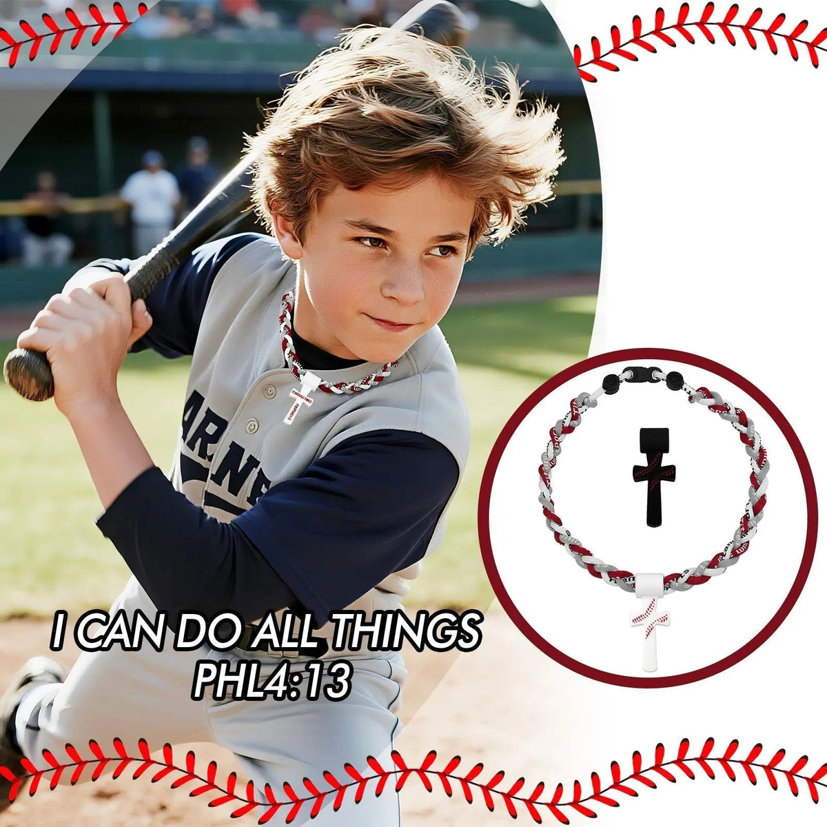 ✝️⚾Triple-Rope Tornado Baseball Necklace – Cross Charm Pendant with 'I CAN DO ALL THINGS PHL4:13'