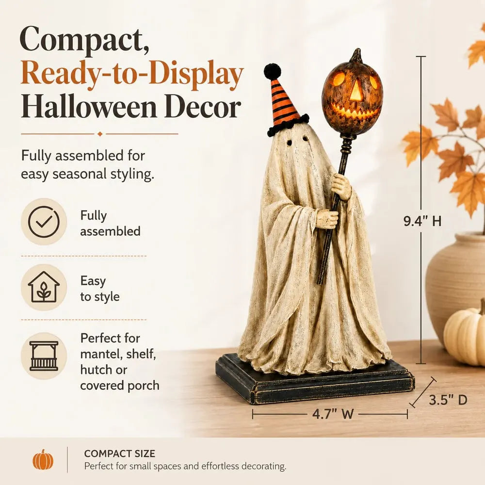 Lighted Vintage Ghost Figurine with Glowing Pumpkin Staff