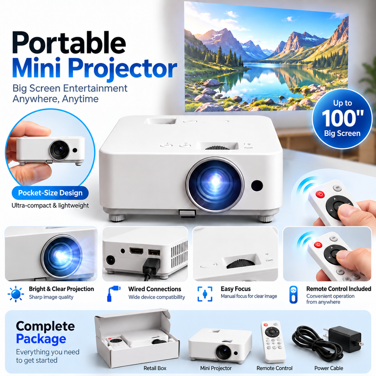 📽️ Portable Mini Projector – Up to 100″ Big-Screen Viewing with Remote Control